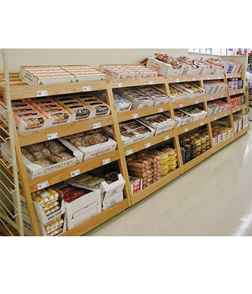 Bakery Oak Wall Display with Slanted Shelves 36"L x 33"W x 53"H