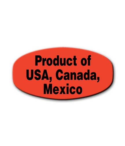 PRODUCT OF USA, CANADA, MEXICO Day-Glow Sticker 1.4375"L x .75"H