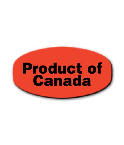 PRODUCT OF CANADA Day-Glow Sticker 1.4375"L x .75"H