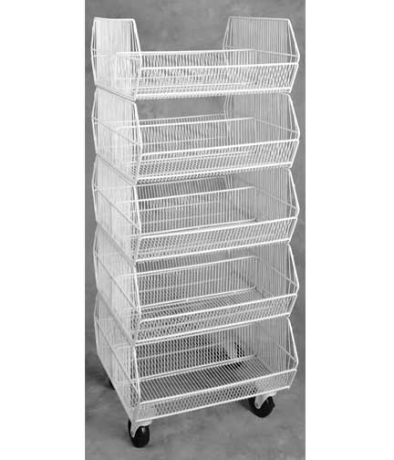Two-Sided White Wire Stacking Basket Display 25"L x 24"W x 55"H